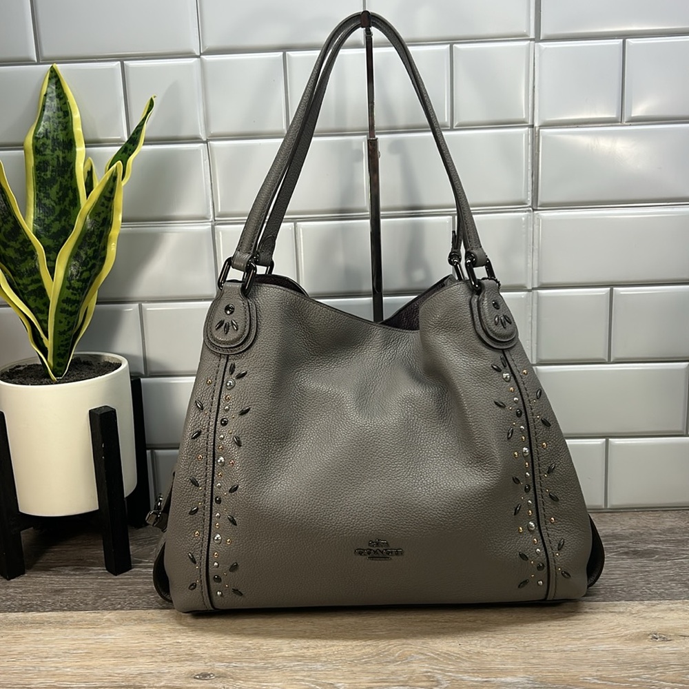 Coach Gray Shoulder Bag with Rivets and Modern Elegance